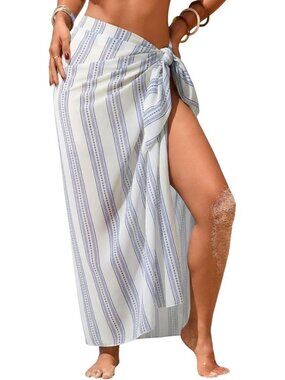 Women's White Blue Stripe Swimsuit High Slit Summer Floral Print Wrap Beach